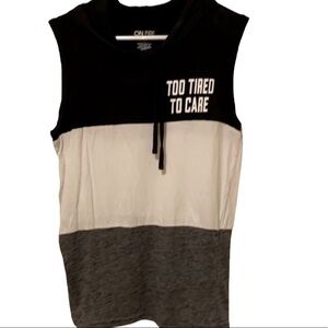 Jr’s L, Fits Ws S. “Too Tired To Care” Muscle Shirt, tri color